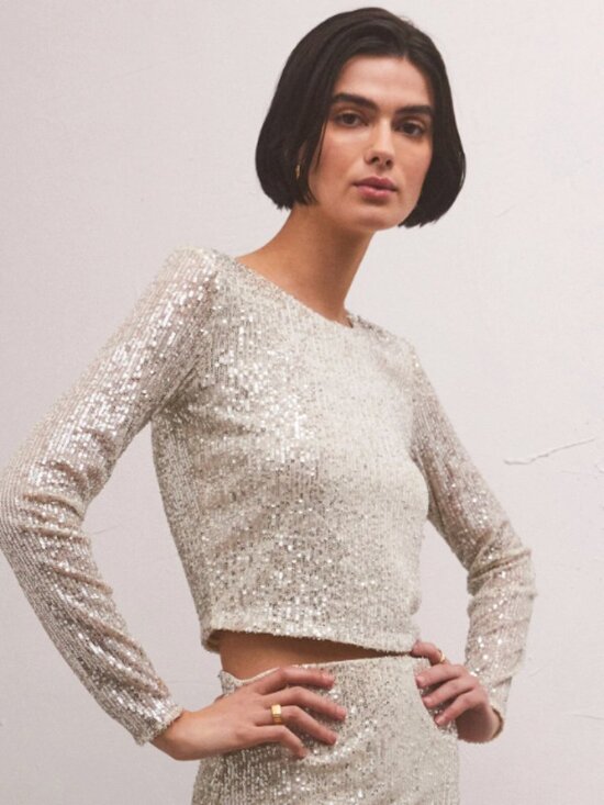 Z Supply Tops - Z Supply Aurora Sequin Top XS Silver Long Sleeve Party Holiday Glam Crop Top
